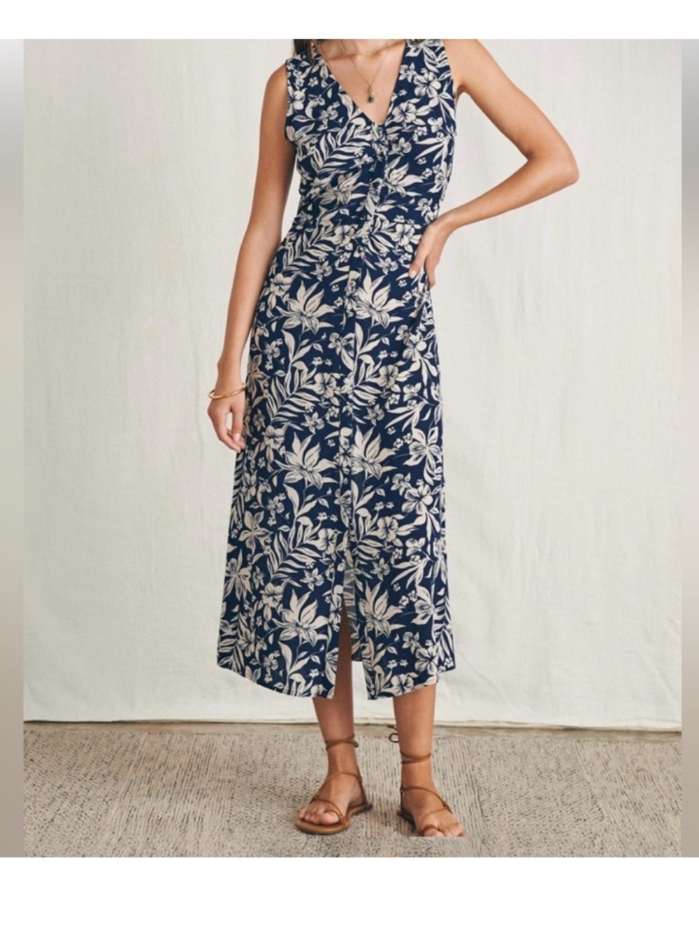 Faherty Siena Midi Dress Viscose Navy Floral Button Front Womens Small M